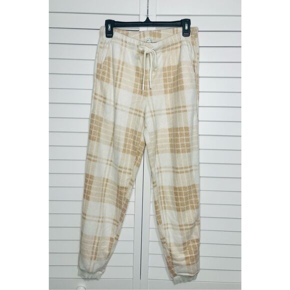 NWT Aerie Fleece Plaid Pajama Joggers Women’s Size Small Tan - Picture 1 of 4